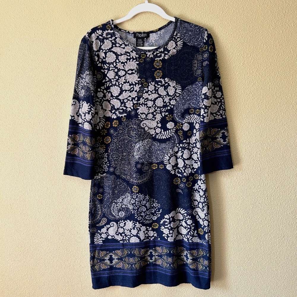 NWT Papillon Women's‎ Blue Border Print Dress 3/4 Sleeve Scoop Neck Midi Medium
